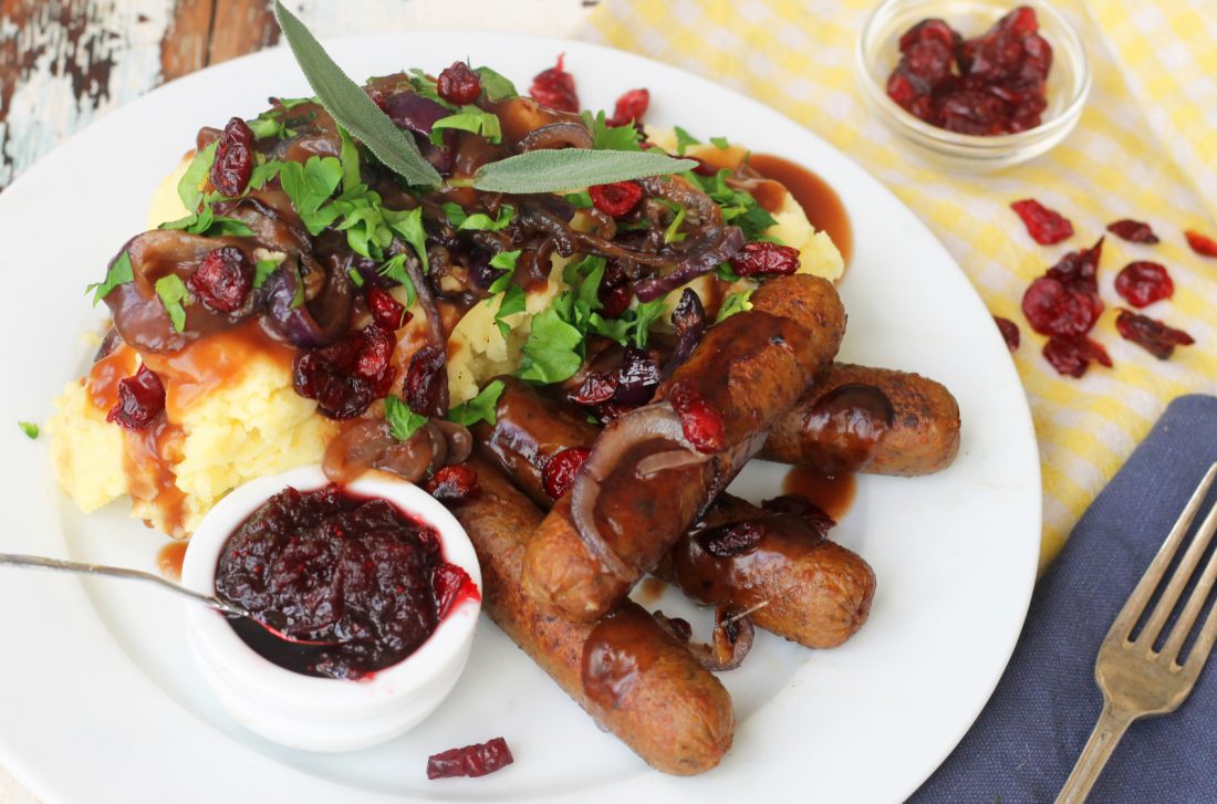 Sausages with Apple Mustard Mash & Gravy