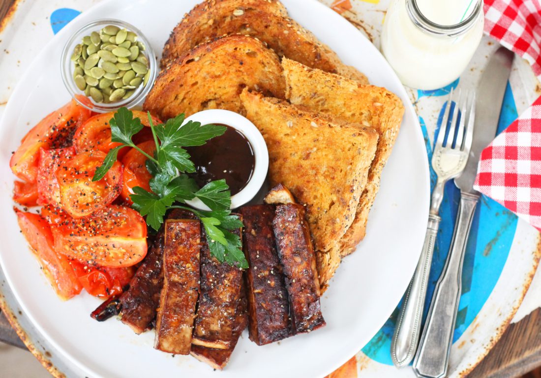 Smoked Tofu Rashers & Grilled Tomatoes