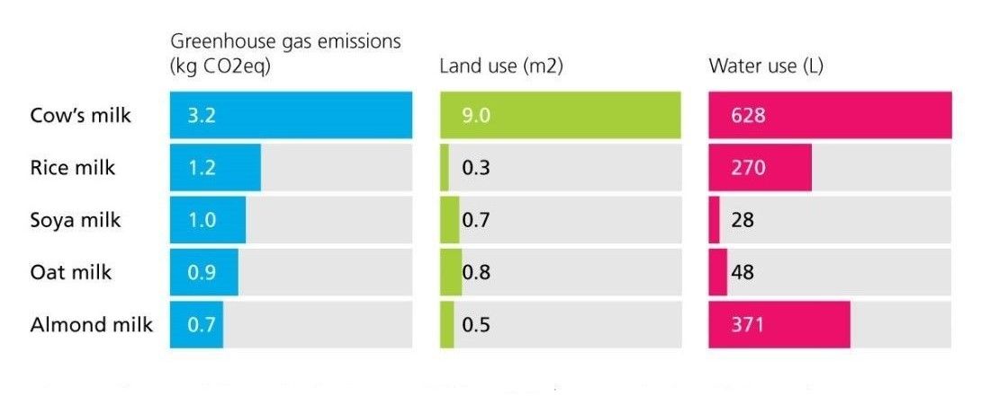 Cows milk has-a higher environmental impact than plant based milks