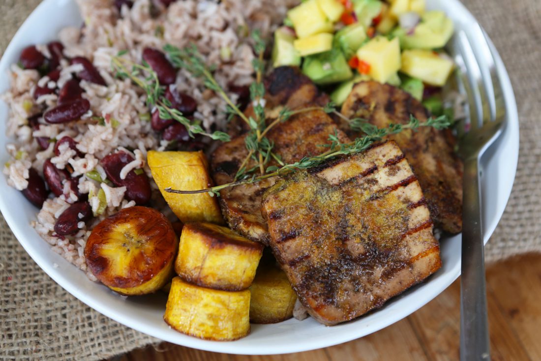 Jerk Tofu with Rice & Peas